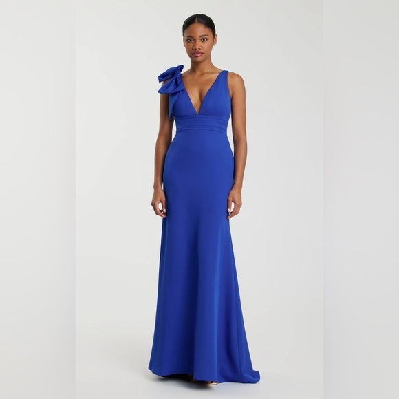 MAC DUGGAL Royal Blue Sleeveless V Neck Bow Detail Gown 4 - Picture 2 of 9